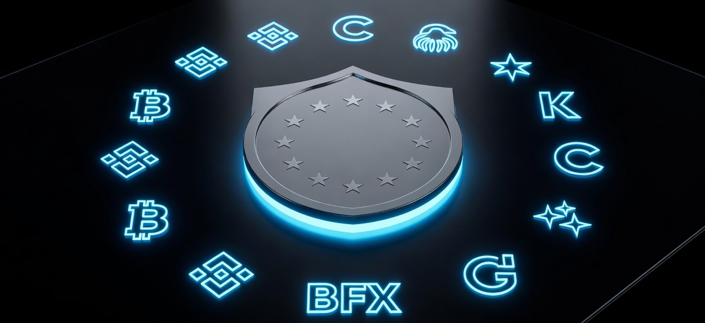 EU compliance shield surrounded by glowing cryptocurrency exchange logos on a dark obsidian background with electric cyan accents