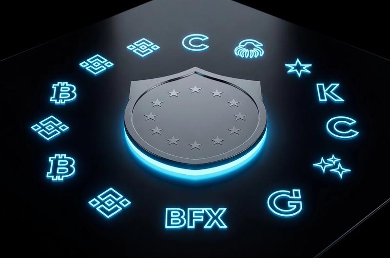 EU compliance shield surrounded by glowing cryptocurrency exchange logos on a dark obsidian background with electric cyan accents