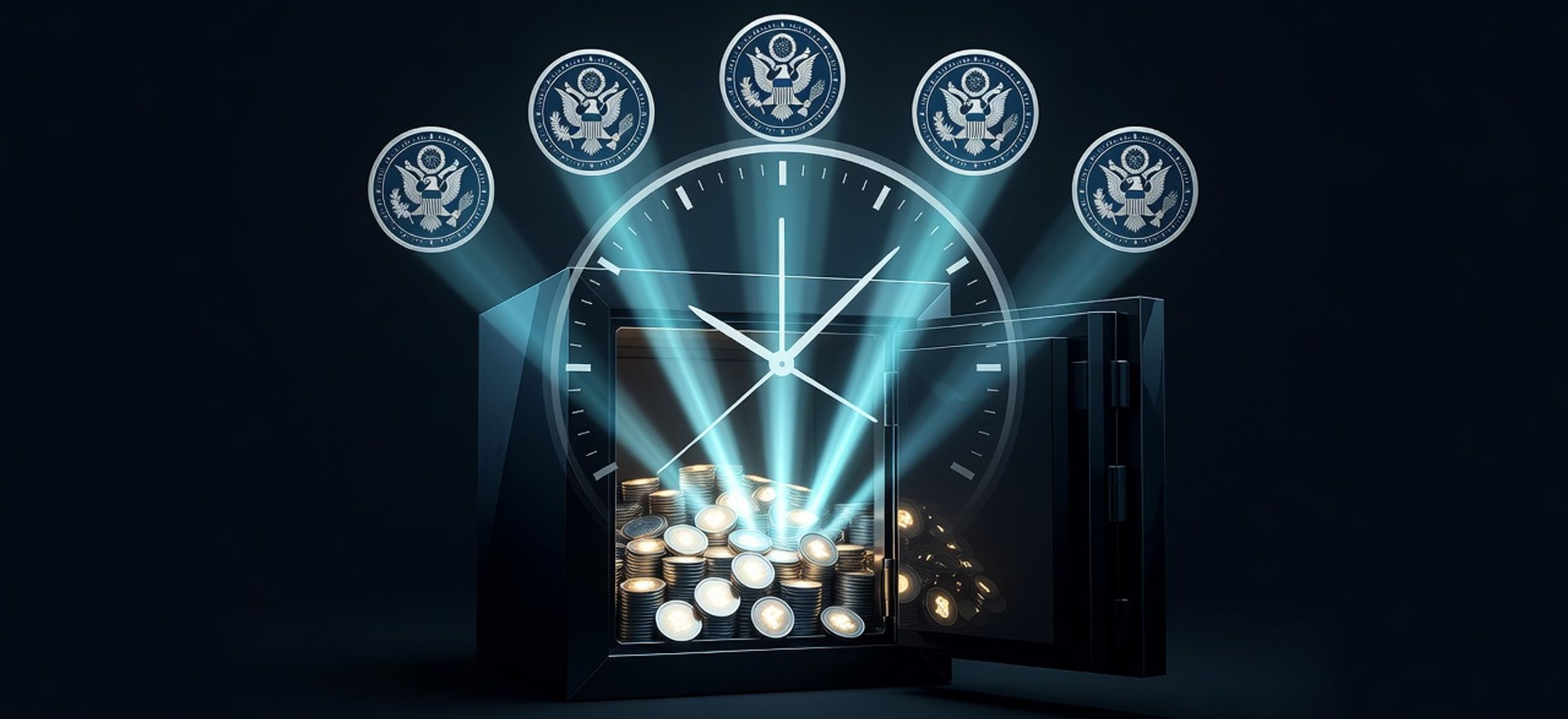 Six federal regulatory seals with glowing stablecoin vault and cyan countdown motif on dark obsidian background