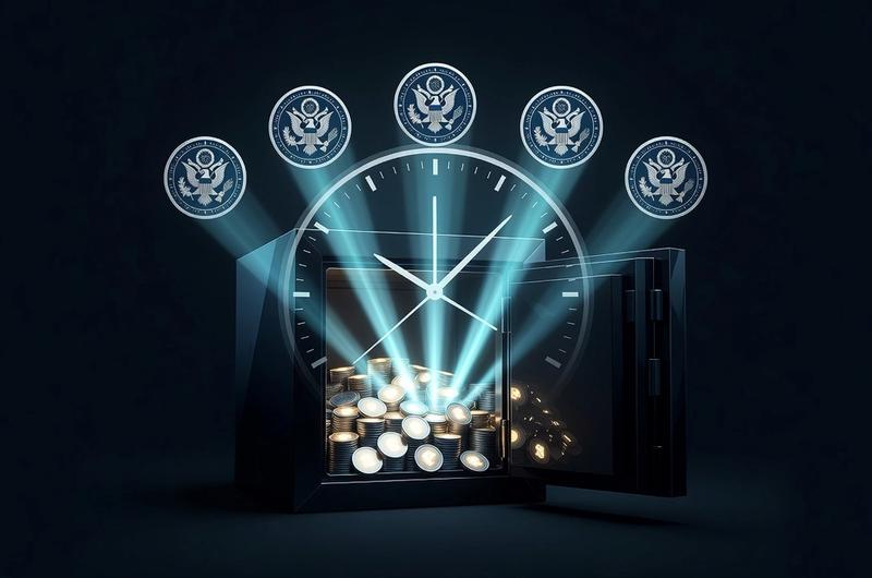 Six federal regulatory seals with glowing stablecoin vault and cyan countdown motif on dark obsidian background