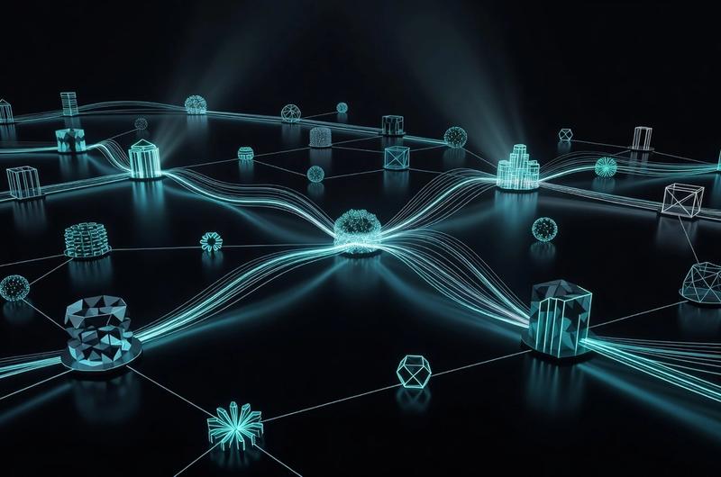 Glowing data streams connecting DeFi lending nodes — abstract illustration representing Morpho's institutional infrastructure