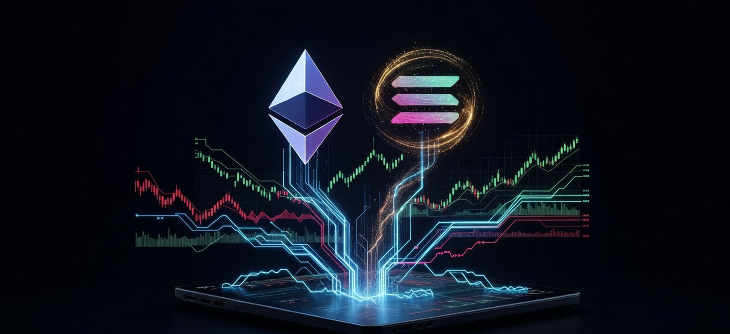 Ethereum and Solana tokens rising above a dark institutional trading terminal with cyan neon data streams