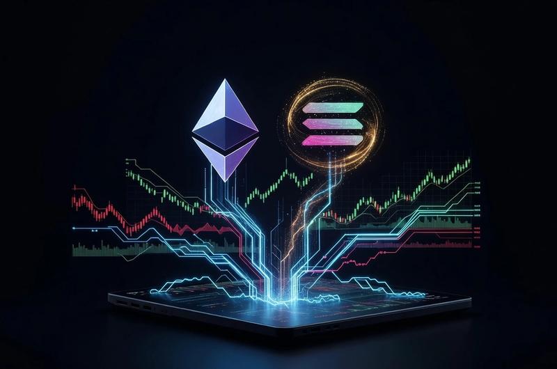 Ethereum and Solana tokens rising above a dark institutional trading terminal with cyan neon data streams