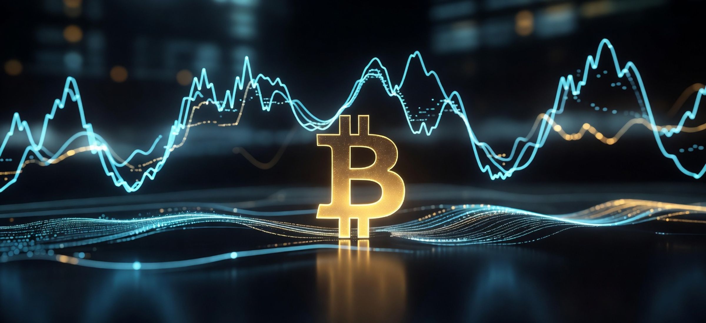 Abstract illustration of Bitcoin volatility data streams, glowing cyan and amber against an obsidian background