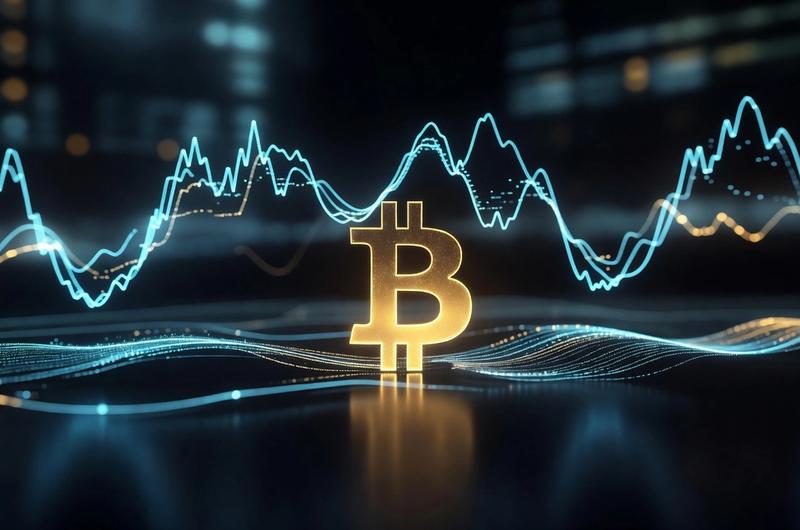Abstract illustration of Bitcoin volatility data streams, glowing cyan and amber against an obsidian background