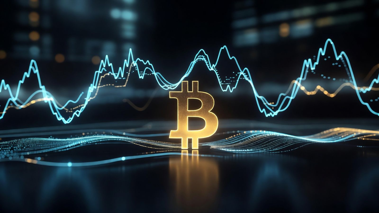 Abstract illustration of Bitcoin volatility data streams, glowing cyan and amber against an obsidian background