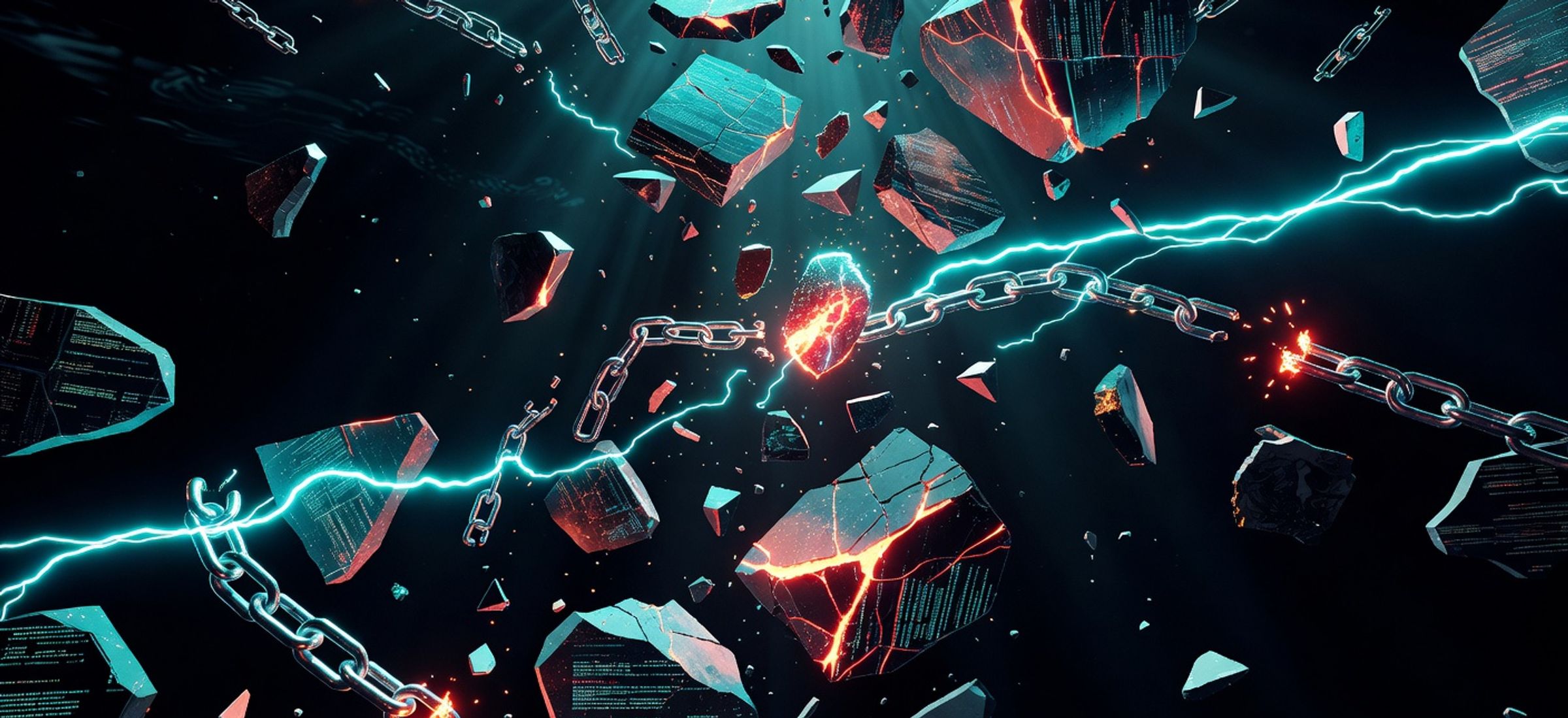Abstract illustration of shattered blockchain nodes and broken chain links representing DeFi's 2026 security crisis