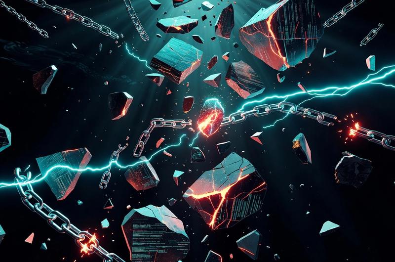 Abstract illustration of shattered blockchain nodes and broken chain links representing DeFi's 2026 security crisis