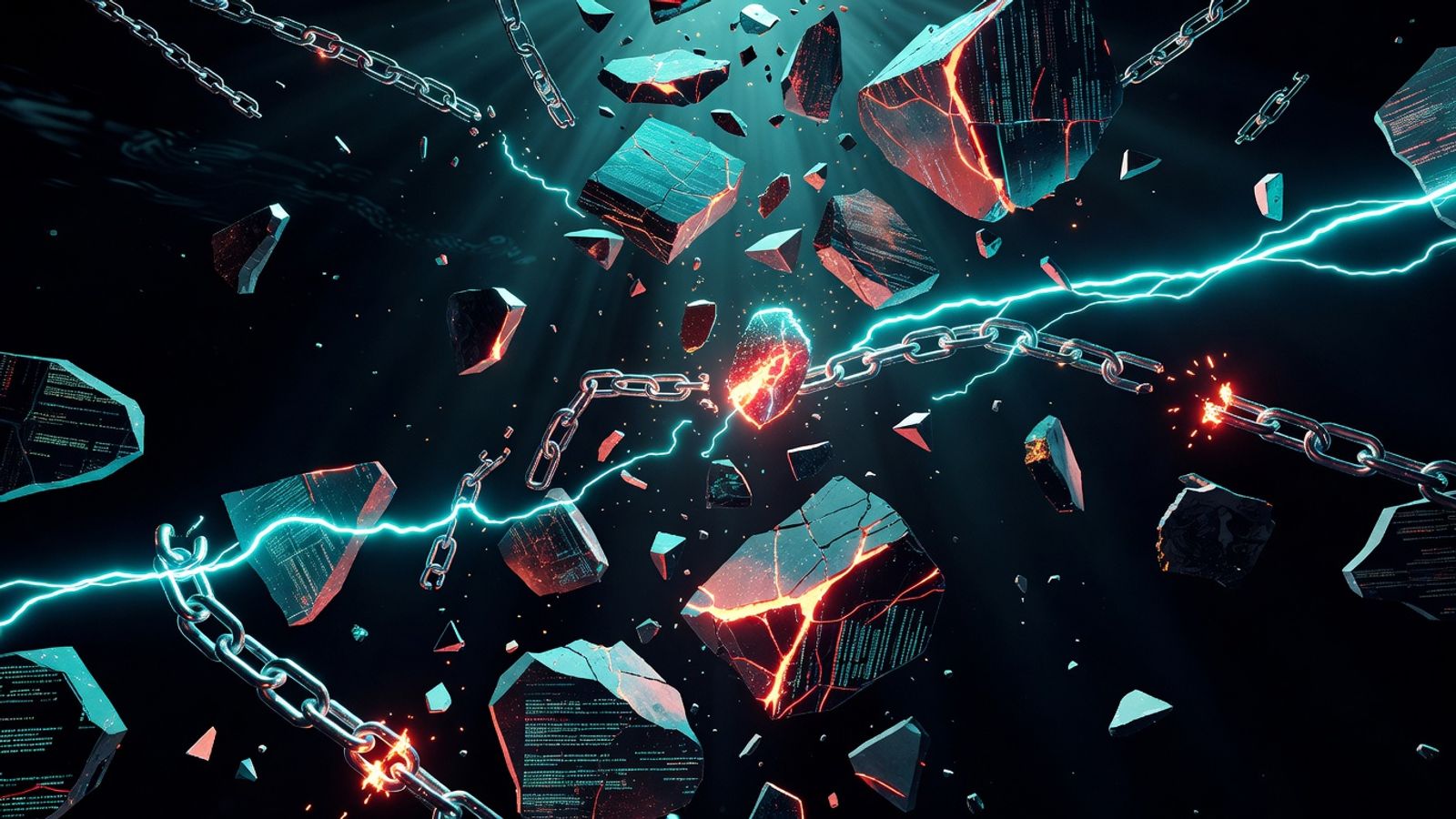 Abstract illustration of shattered blockchain nodes and broken chain links representing DeFi's 2026 security crisis