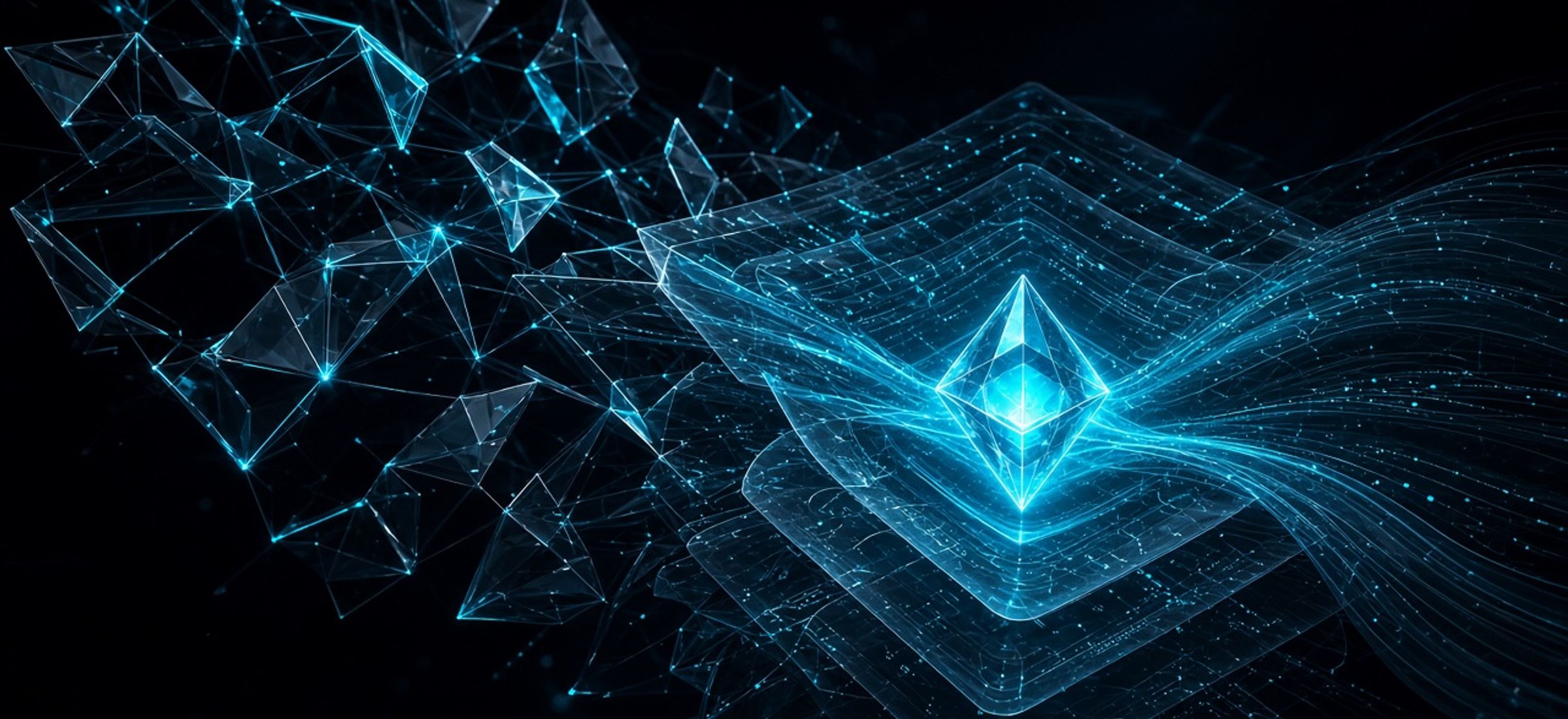 Abstract cyan crystalline Ethereum network lattice on obsidian background
