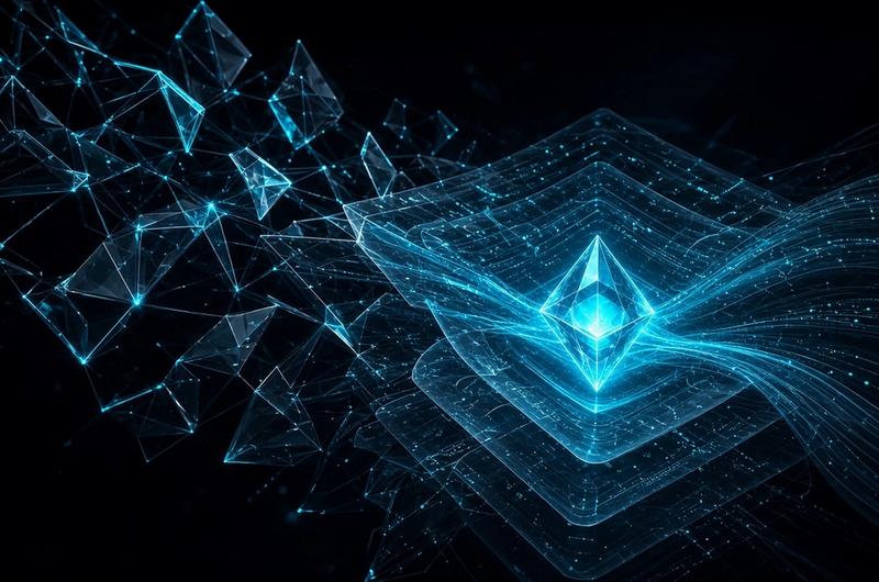 Abstract cyan crystalline Ethereum network lattice on obsidian background