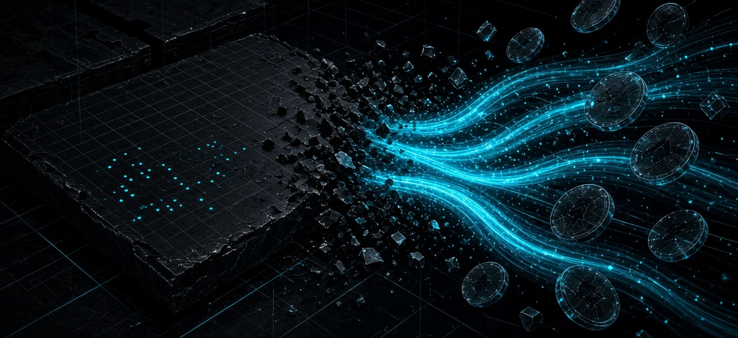 Abstract Terminal Luxe illustration of a dark ledger dissolving into cyan stablecoin payment streams