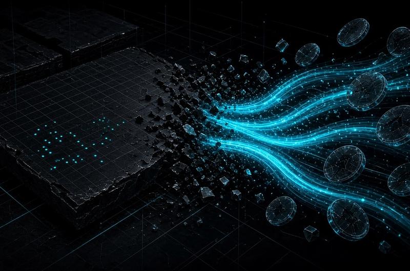 Abstract Terminal Luxe illustration of a dark ledger dissolving into cyan stablecoin payment streams