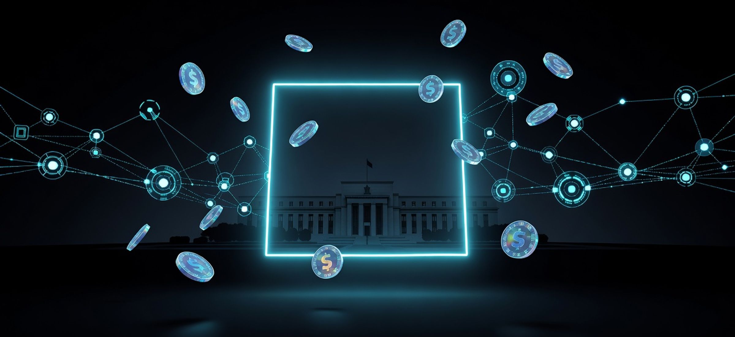 Wyoming state outline glowing with cyan light and blockchain network nodes representing SPDI stablecoin charter