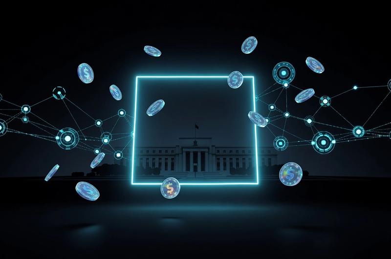Wyoming state outline glowing with cyan light and blockchain network nodes representing SPDI stablecoin charter