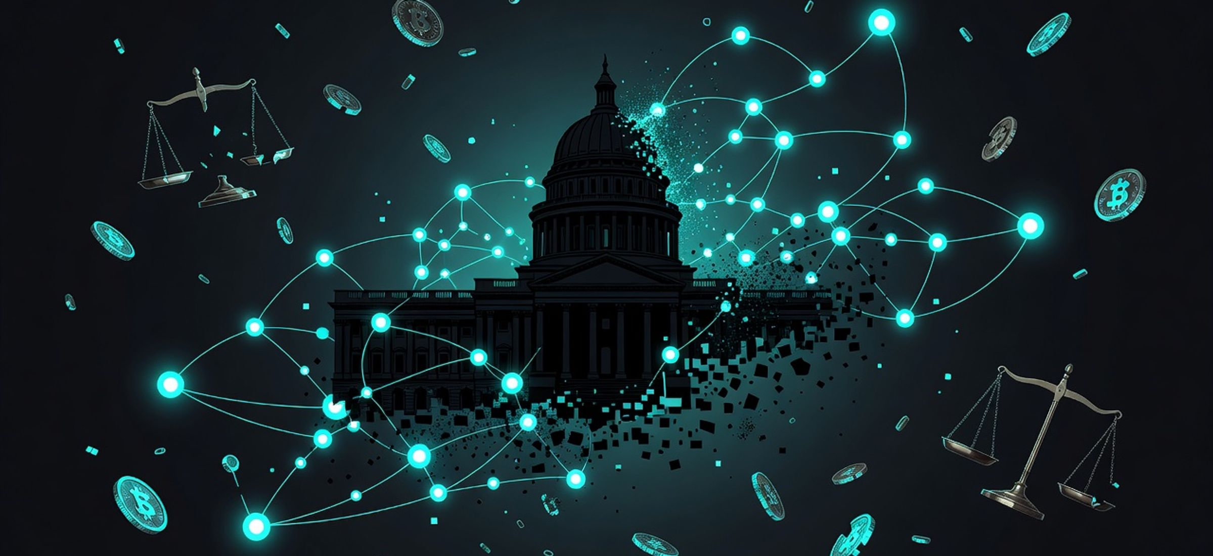 State building silhouette dissolving into blockchain nodes, dark obsidian background with electric cyan neon highlights