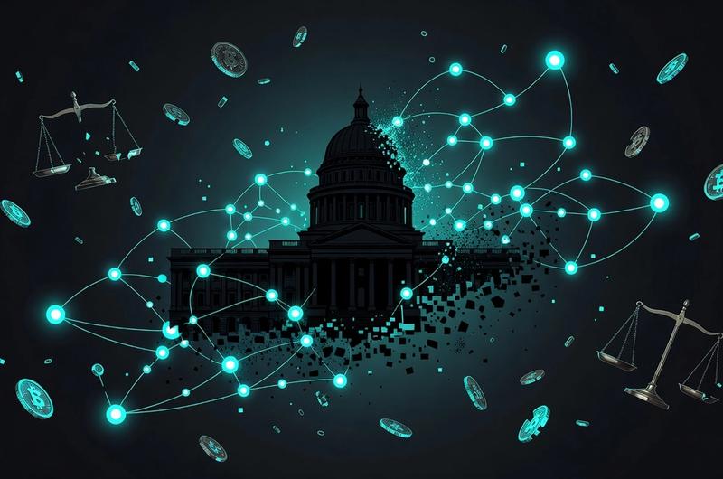 State building silhouette dissolving into blockchain nodes, dark obsidian background with electric cyan neon highlights