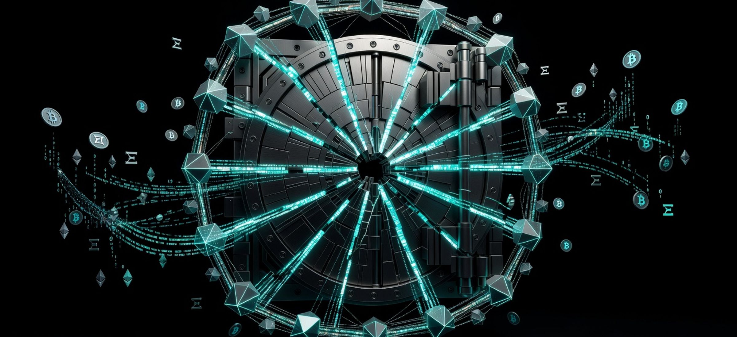 A fortified digital vault recovering from a breach, surrounded by glowing cyan blockchain nodes forming a protective barrier