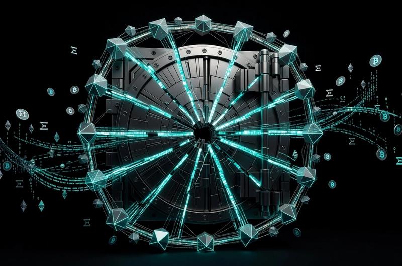 A fortified digital vault recovering from a breach, surrounded by glowing cyan blockchain nodes forming a protective barrier
