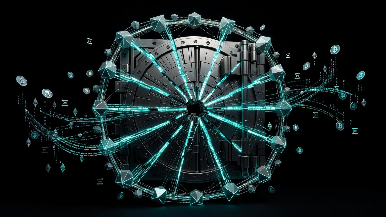 A fortified digital vault recovering from a breach, surrounded by glowing cyan blockchain nodes forming a protective barrier