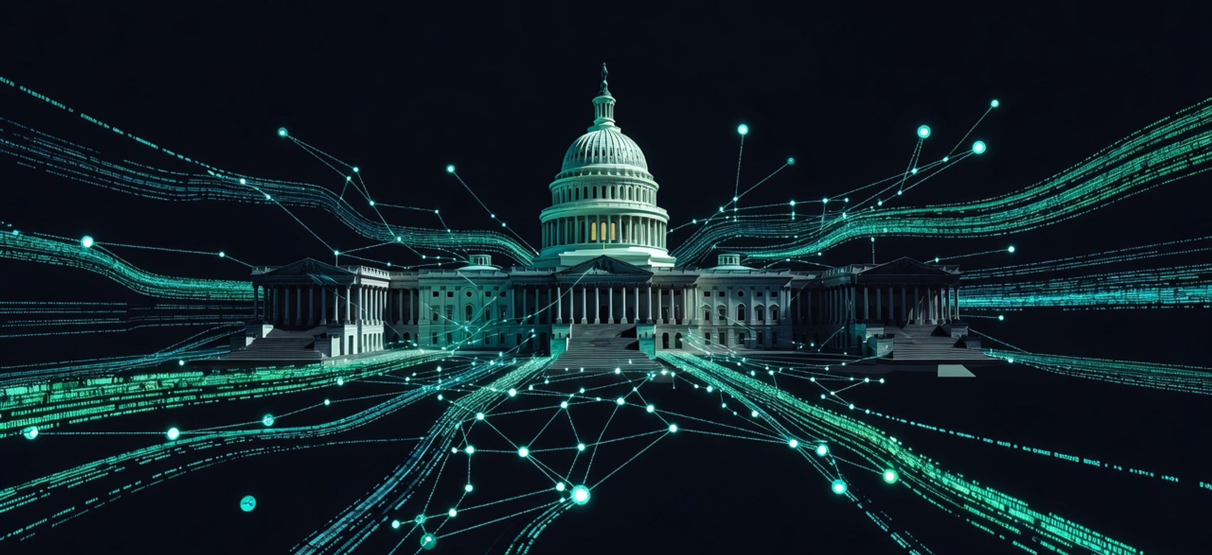U.S. Capitol with blockchain network data streams and cyan neon accents on dark background