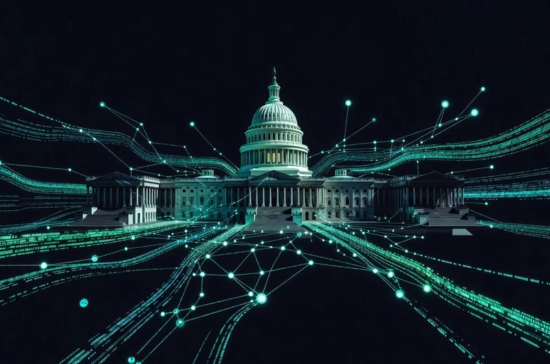 U.S. Capitol with blockchain network data streams and cyan neon accents on dark background