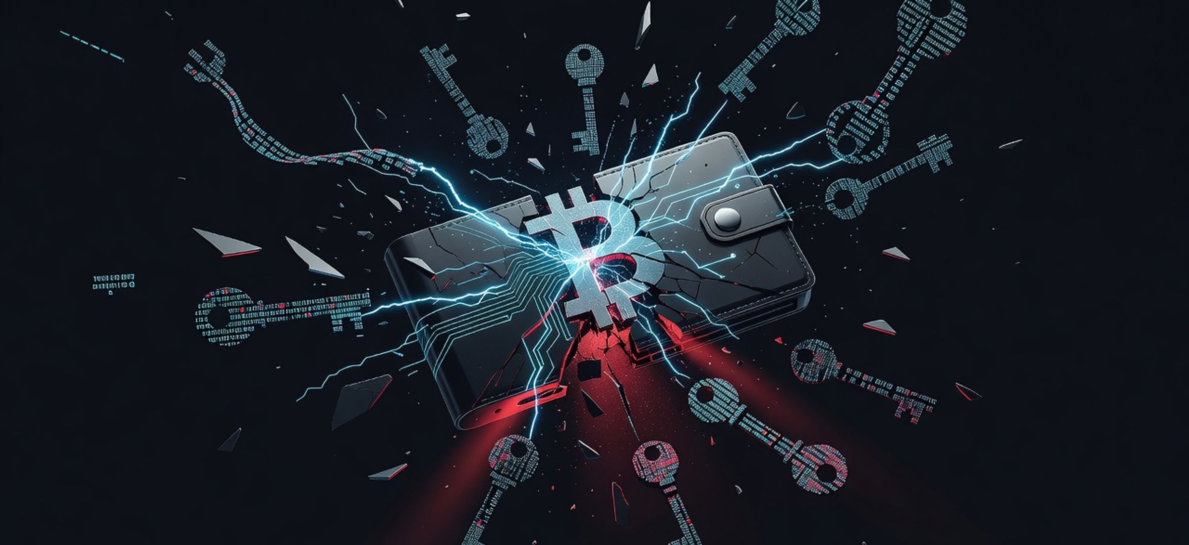 Bitcoin hardware wallet dissolving into broken digital keys with red warning glow