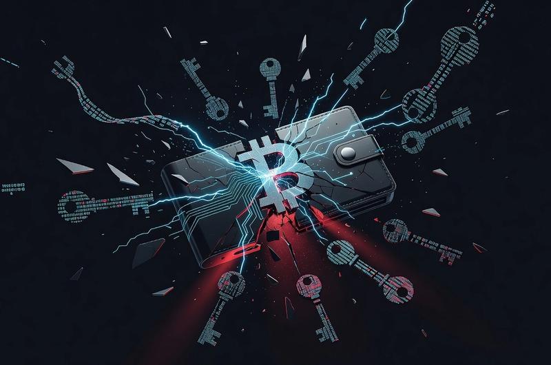 Bitcoin hardware wallet dissolving into broken digital keys with red warning glow