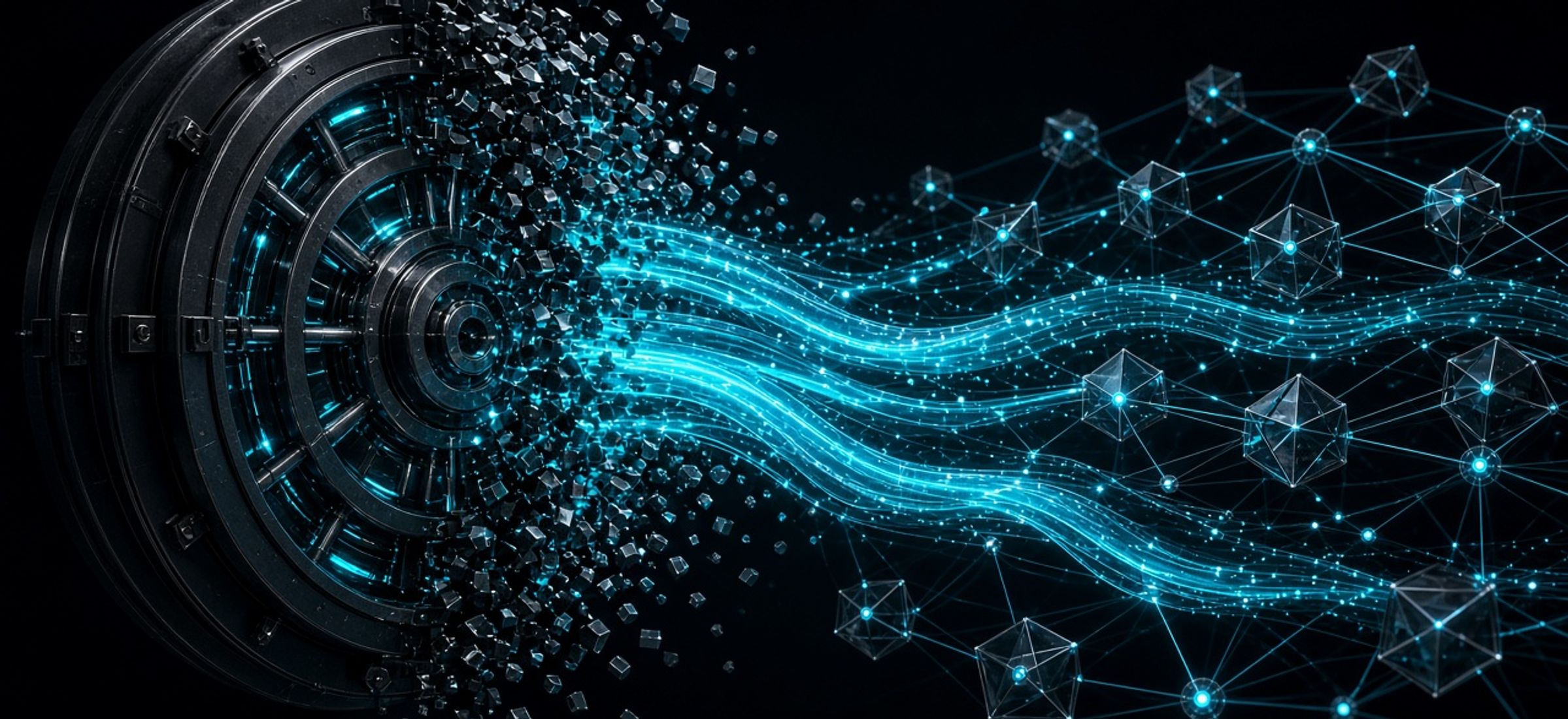 Obsidian vault geometry dissolving into electric cyan blockchain payment streams
