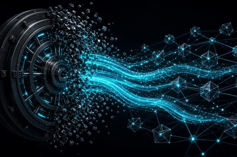 Obsidian vault geometry dissolving into electric cyan blockchain payment streams