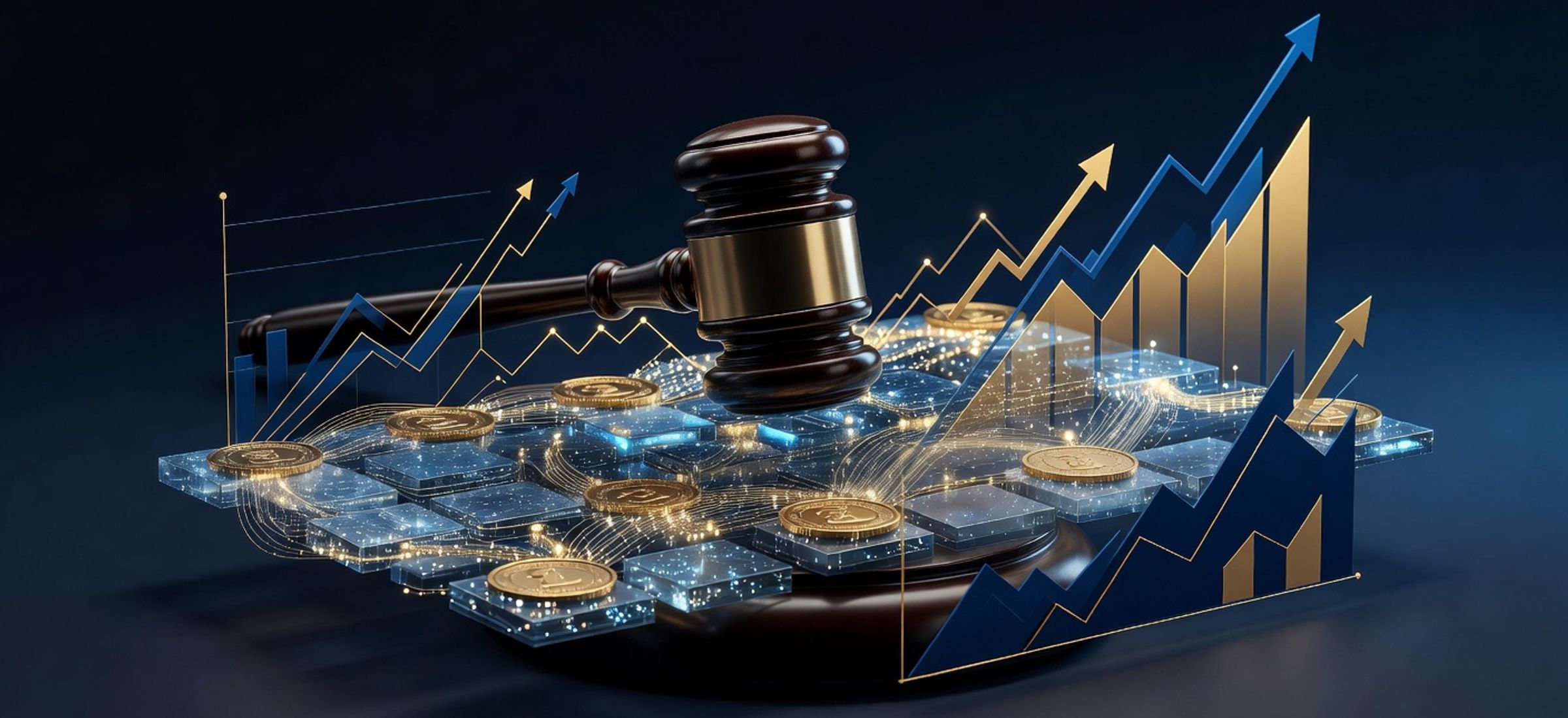 Editorial illustration depicting regulatory progress in cryptocurrency with blockchain and gavel motifs