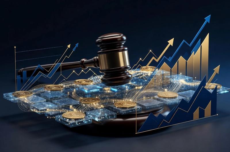 Editorial illustration depicting regulatory progress in cryptocurrency with blockchain and gavel motifs