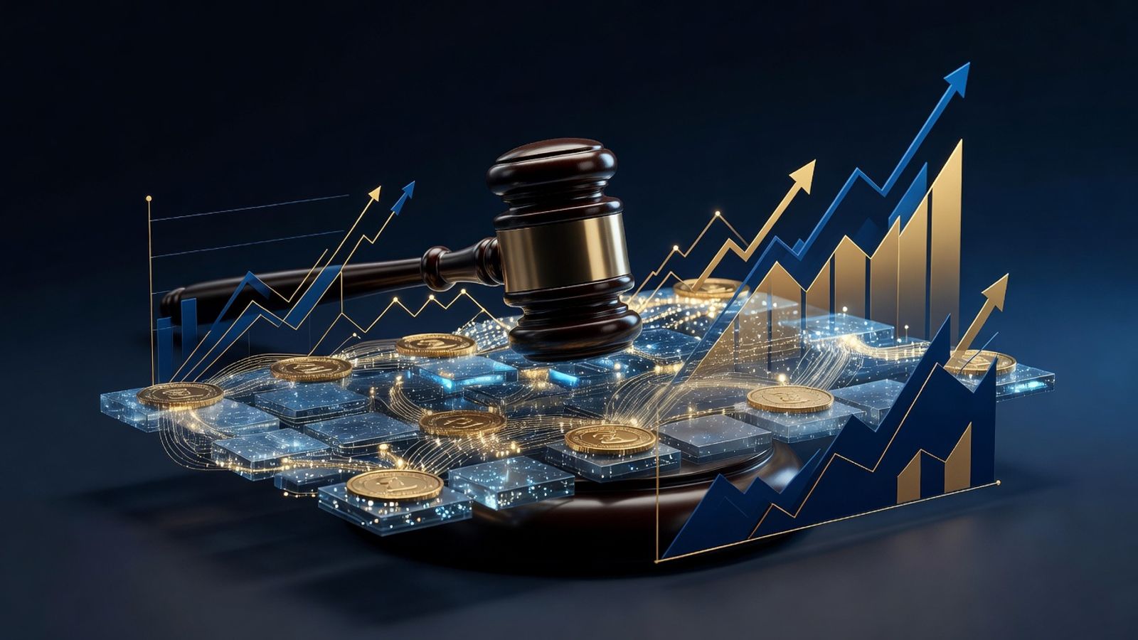 Editorial illustration depicting regulatory progress in cryptocurrency with blockchain and gavel motifs