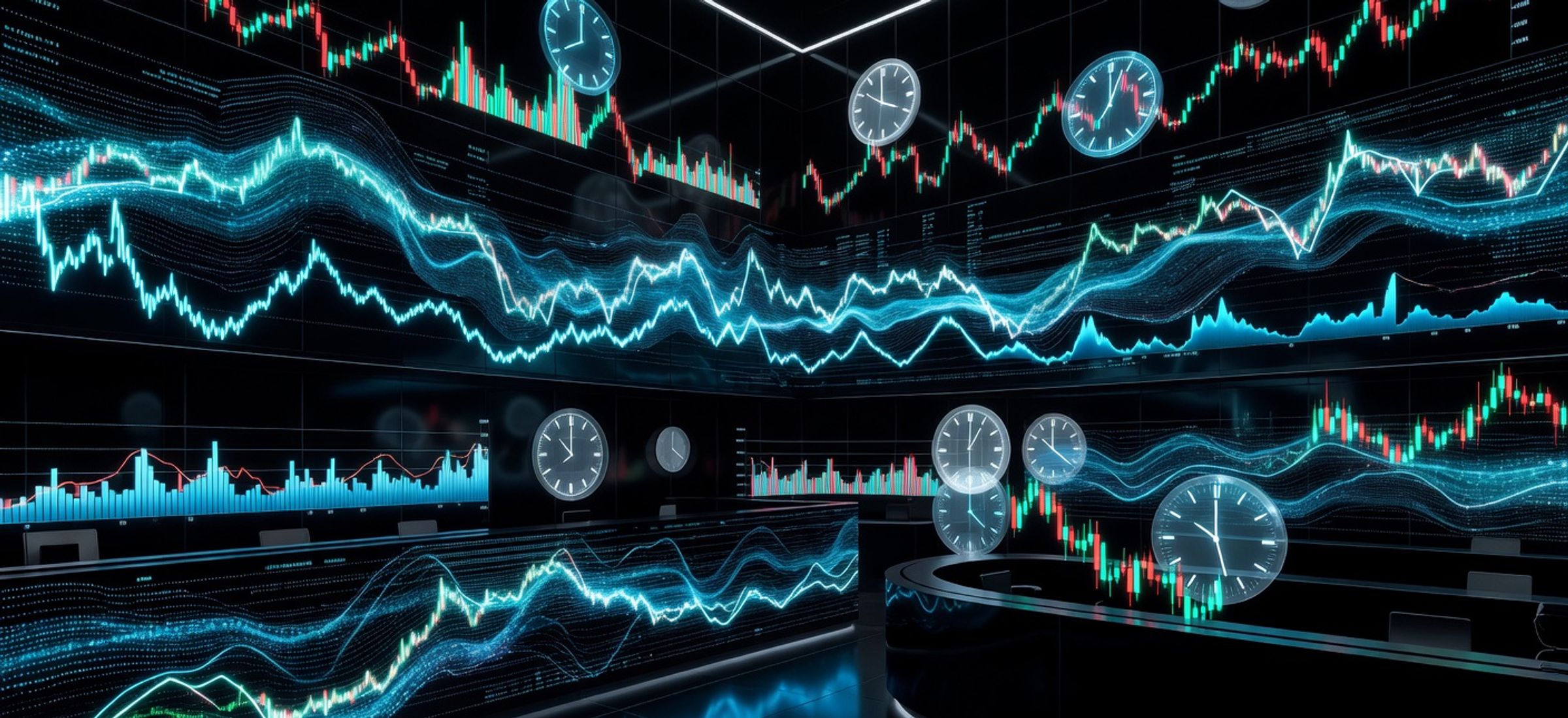 Continuous Bitcoin and Ethereum trading streams flowing across dark screens with electric cyan neon charts, representing CME Group's 24/7 crypto derivatives launch