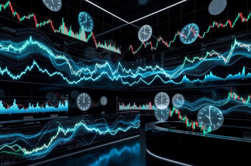 Continuous Bitcoin and Ethereum trading streams flowing across dark screens with electric cyan neon charts, representing CME Group's 24/7 crypto derivatives launch