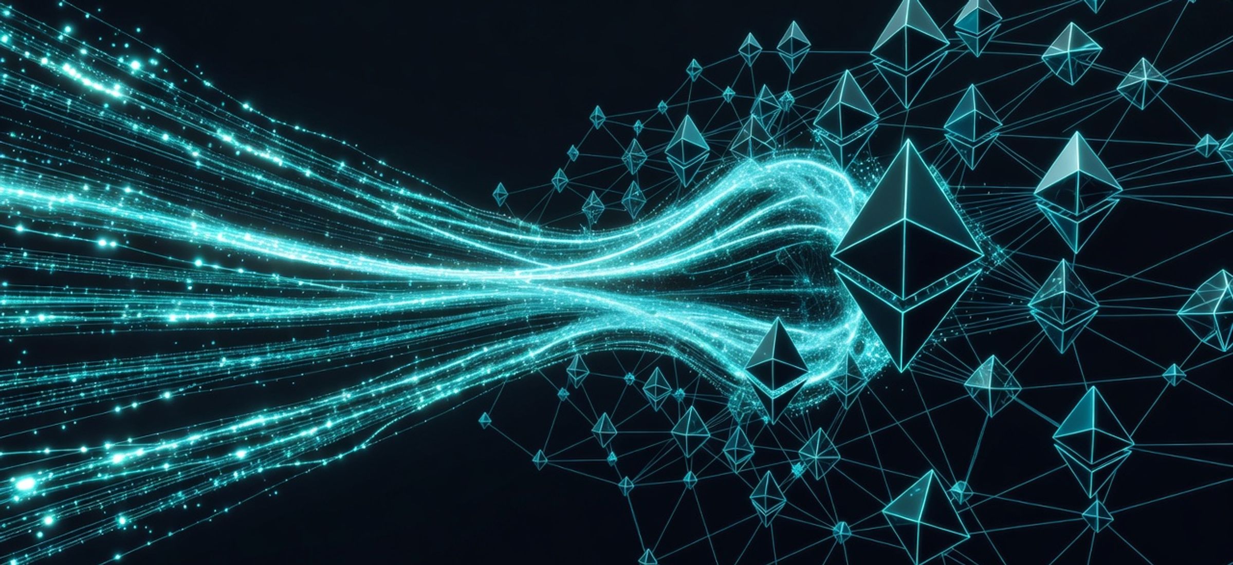 Abstract visualization of Ethereum parallel data streams and validator nodes with cyan accents on dark background