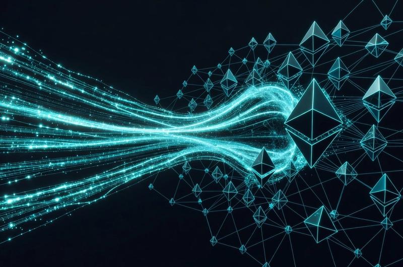 Abstract visualization of Ethereum parallel data streams and validator nodes with cyan accents on dark background