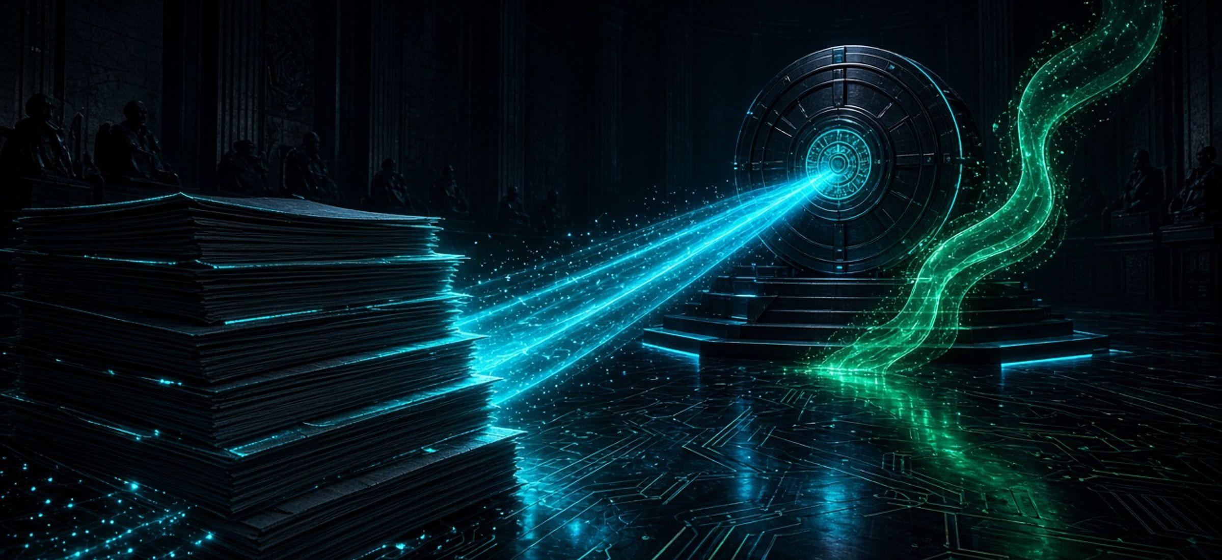 Dark Terminal Luxe illustration of cyan legislative dockets linked to a bitcoin vault with an emerald rally ribbon