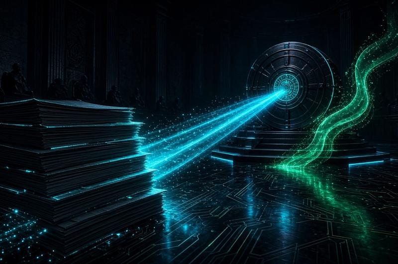 Dark Terminal Luxe illustration of cyan legislative dockets linked to a bitcoin vault with an emerald rally ribbon