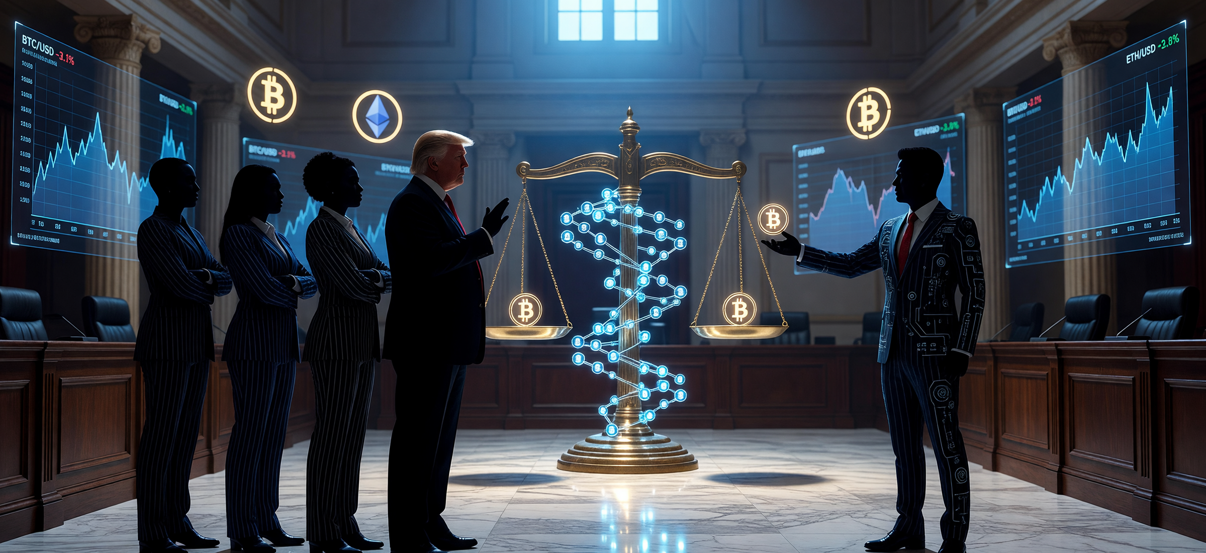 Editorial courtroom illustration depicting the legal confrontation between World Liberty Financial and Justin Sun, featuring crypto charts and token symbols