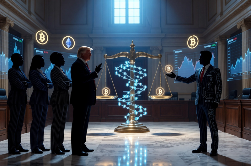 Editorial courtroom illustration depicting the legal confrontation between World Liberty Financial and Justin Sun, featuring crypto charts and token symbols