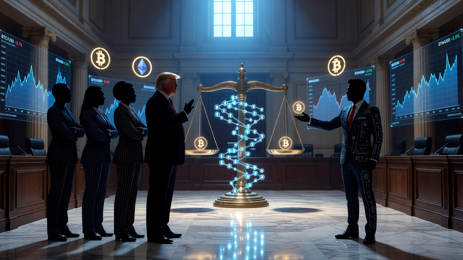 Editorial courtroom illustration depicting the legal confrontation between World Liberty Financial and Justin Sun, featuring crypto charts and token symbols