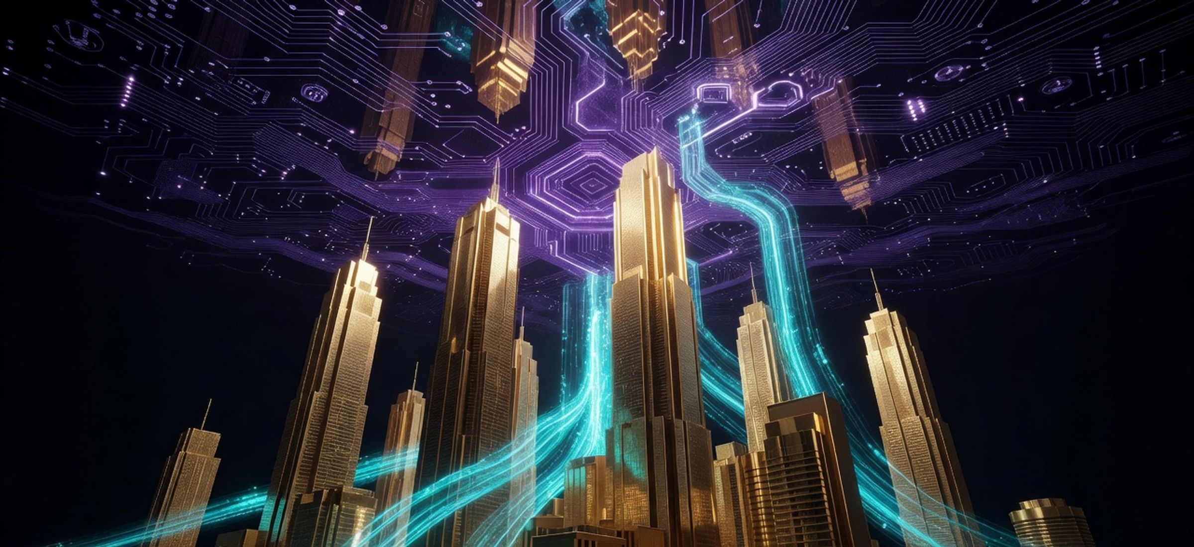 Institutional finance meets blockchain — skyscrapers and Solana ETF data streams on dark obsidian background
