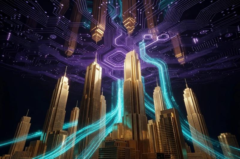 Institutional finance meets blockchain — skyscrapers and Solana ETF data streams on dark obsidian background