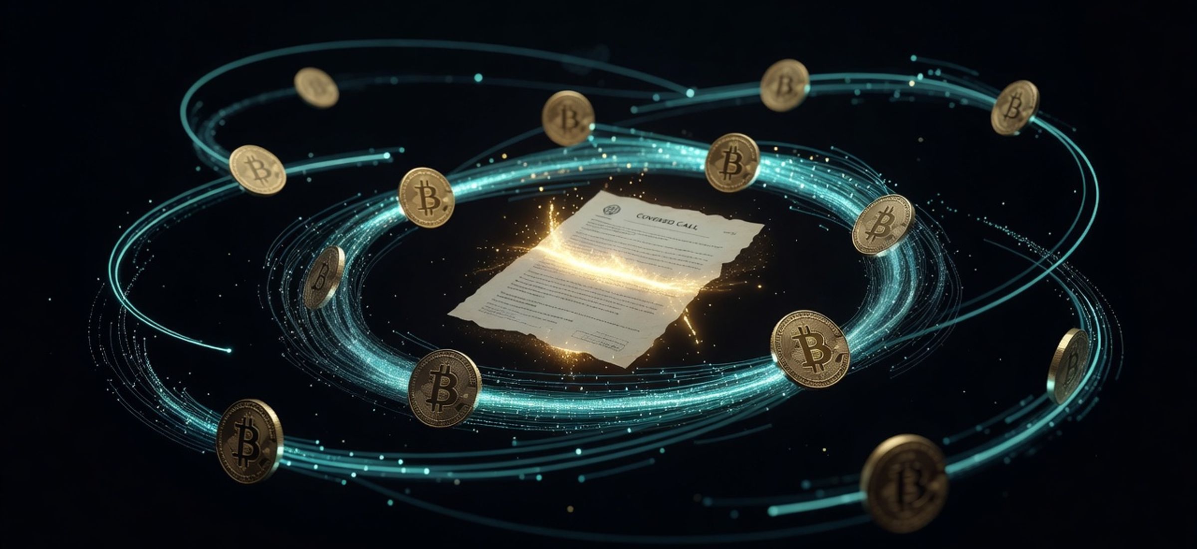 Bitcoin coins orbiting glowing options contracts with cyan data streams on dark background