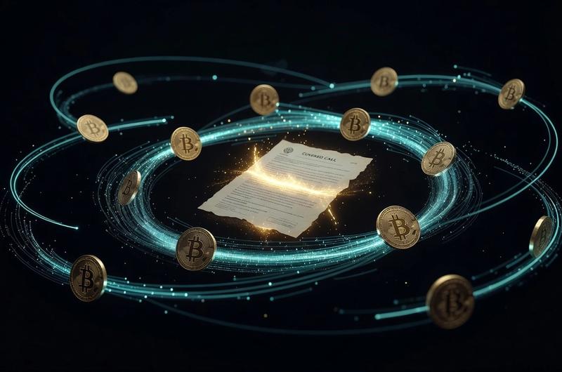 Bitcoin coins orbiting glowing options contracts with cyan data streams on dark background