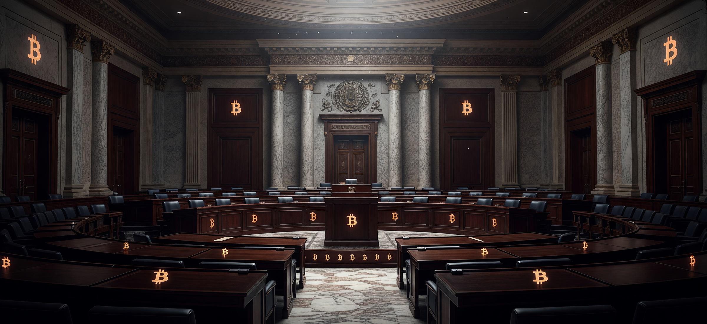 US Senate chamber with integrated Bitcoin symbols, representing pro-crypto regulatory shift