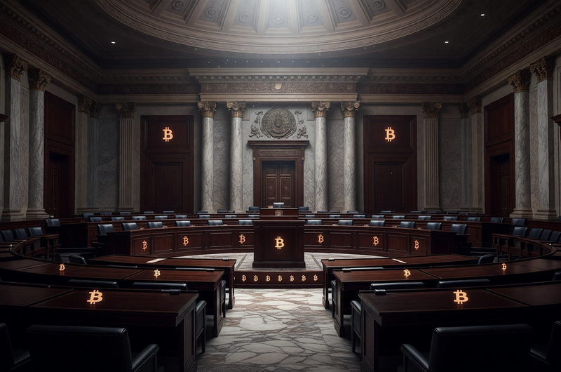 US Senate chamber with integrated Bitcoin symbols, representing pro-crypto regulatory shift