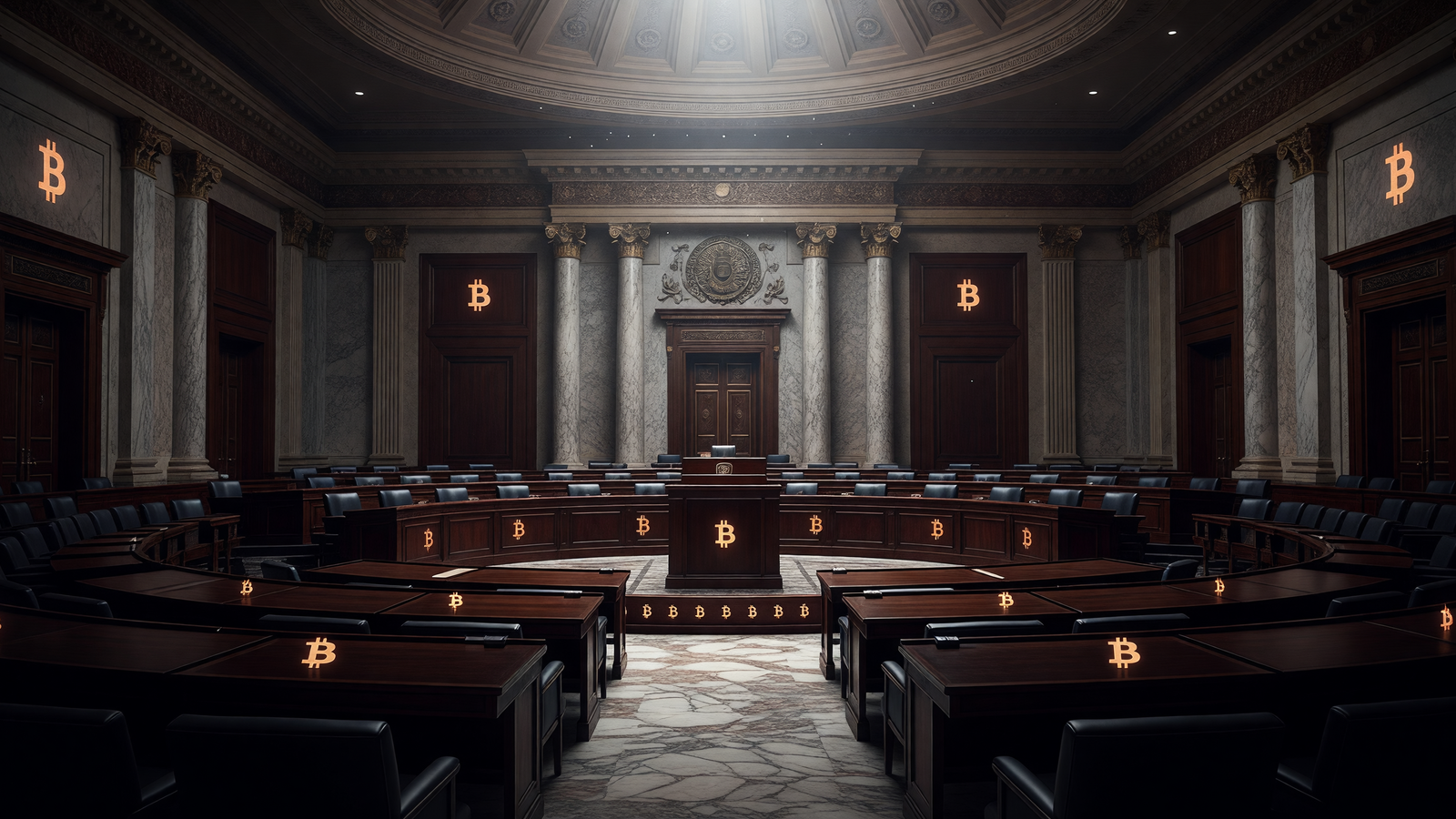 US Senate chamber with integrated Bitcoin symbols, representing pro-crypto regulatory shift