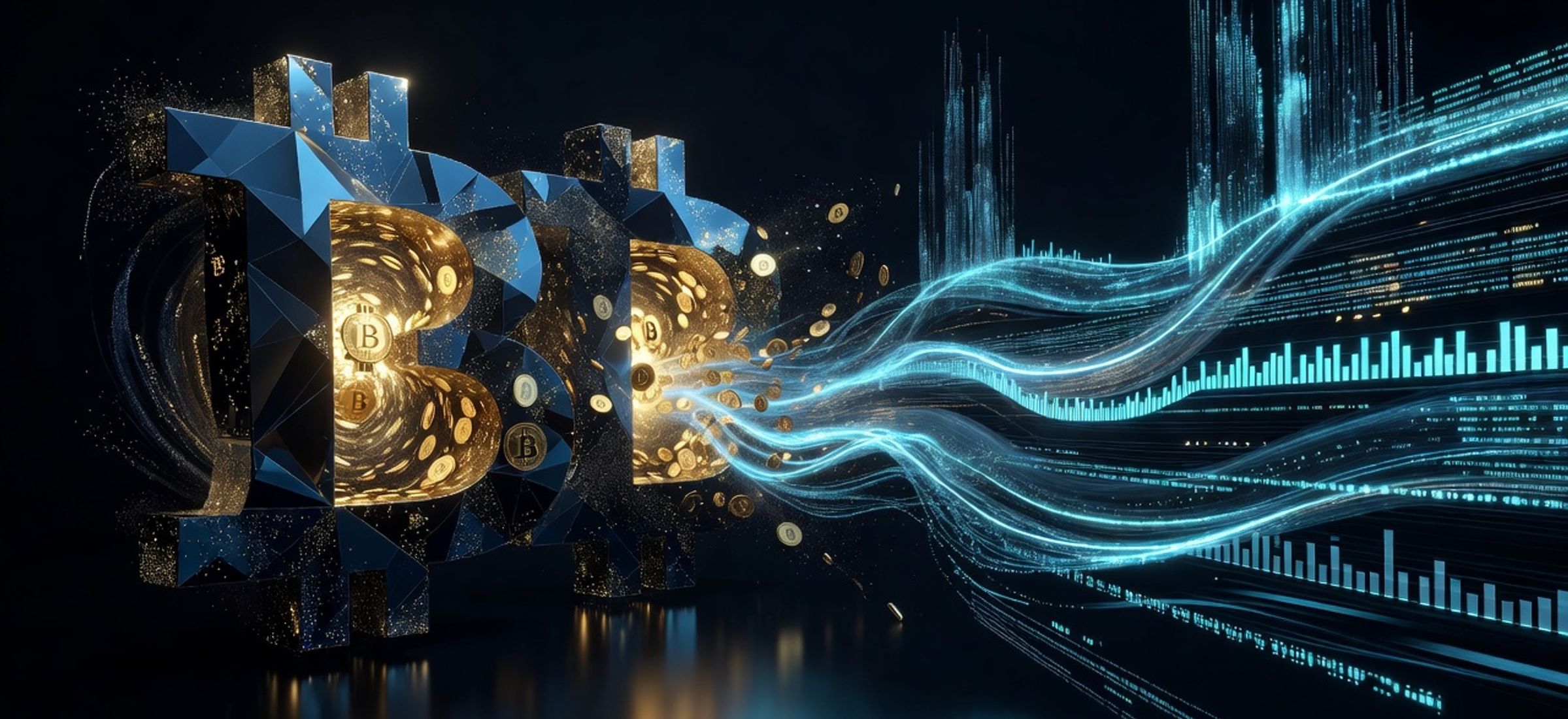 Abstract visualization of Bitcoin whale wallets accumulating BTC against institutional ETF outflow streams, dark obsidian background with electric cyan accents